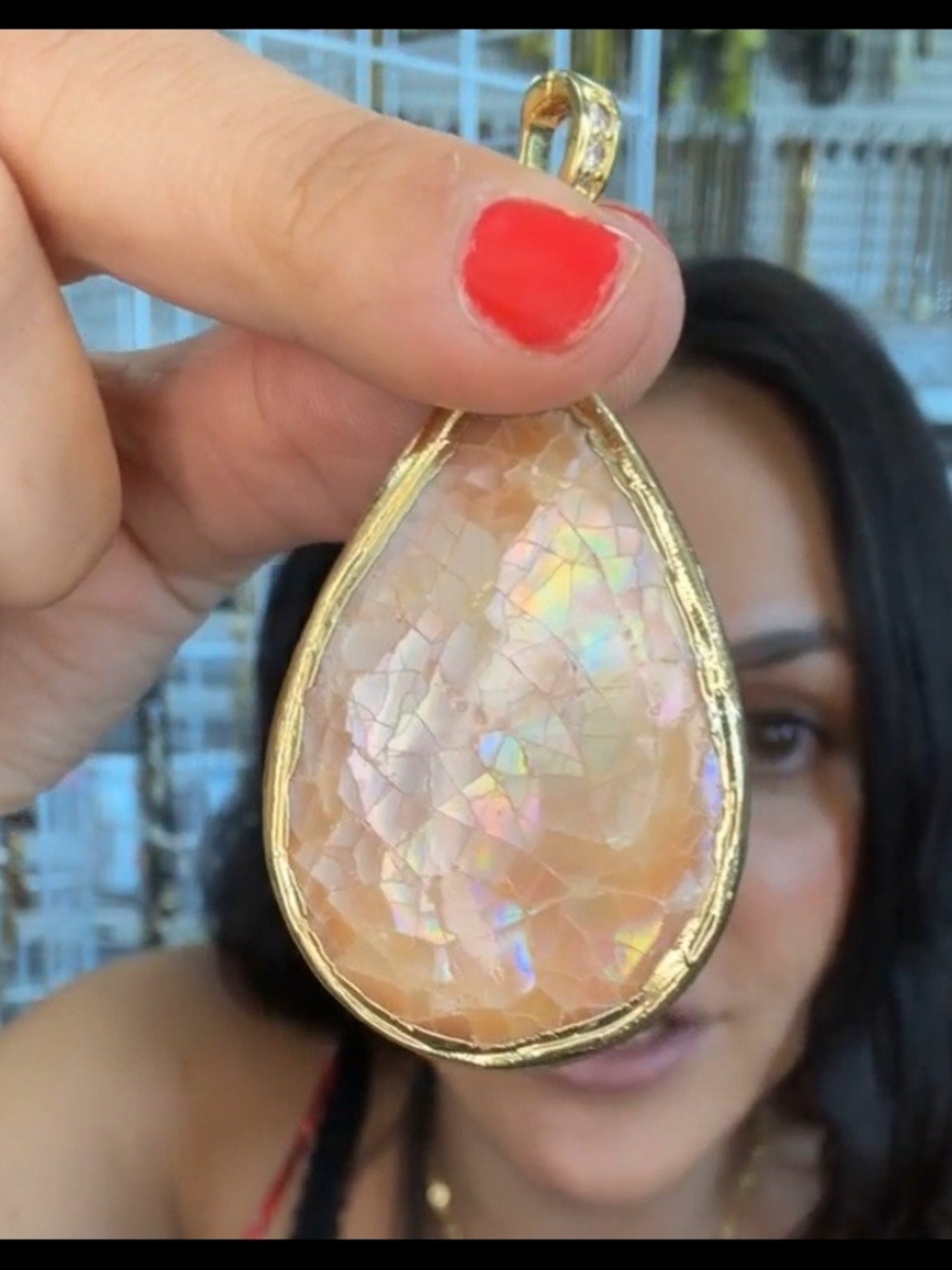 Gold-Trim Iridescent Peach Teardrop Pendant Enhancer Women Jewelry